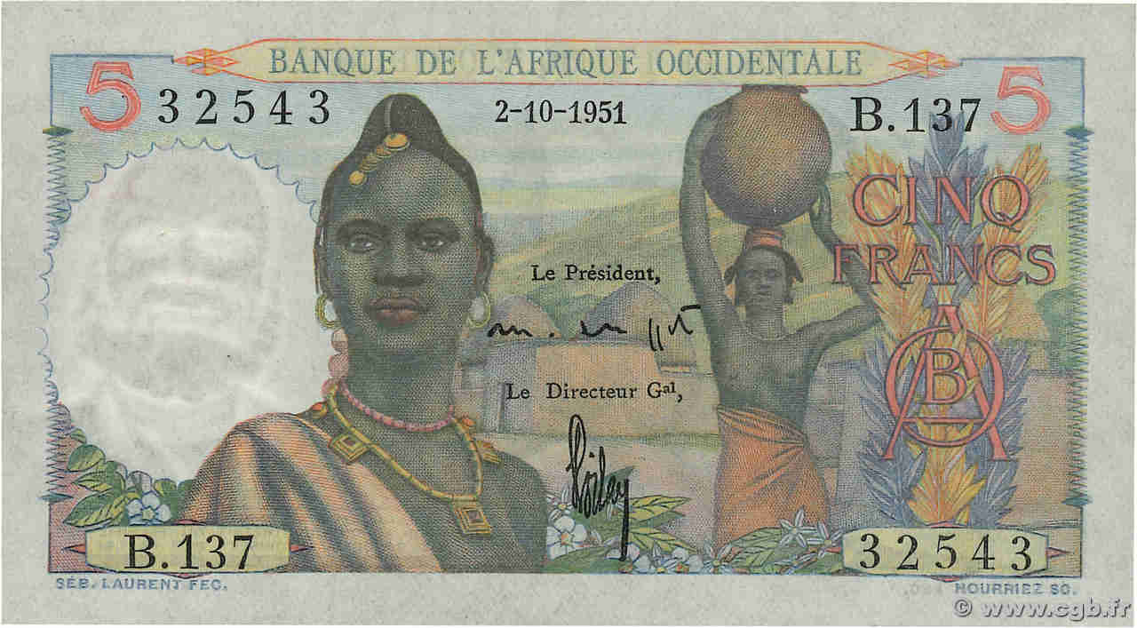 5 Francs FRENCH WEST AFRICA  1951 P.36 UNC