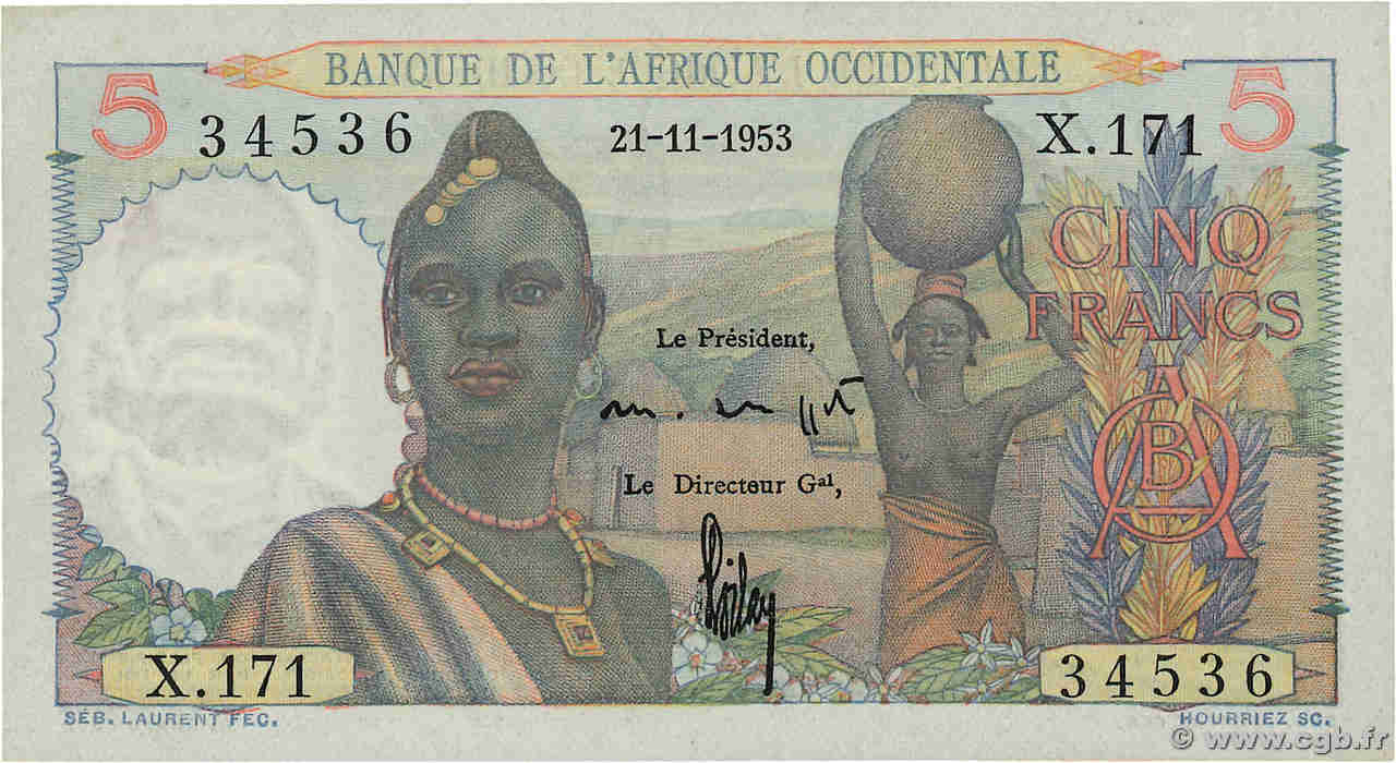 5 Francs FRENCH WEST AFRICA  1953 P.36 UNC-