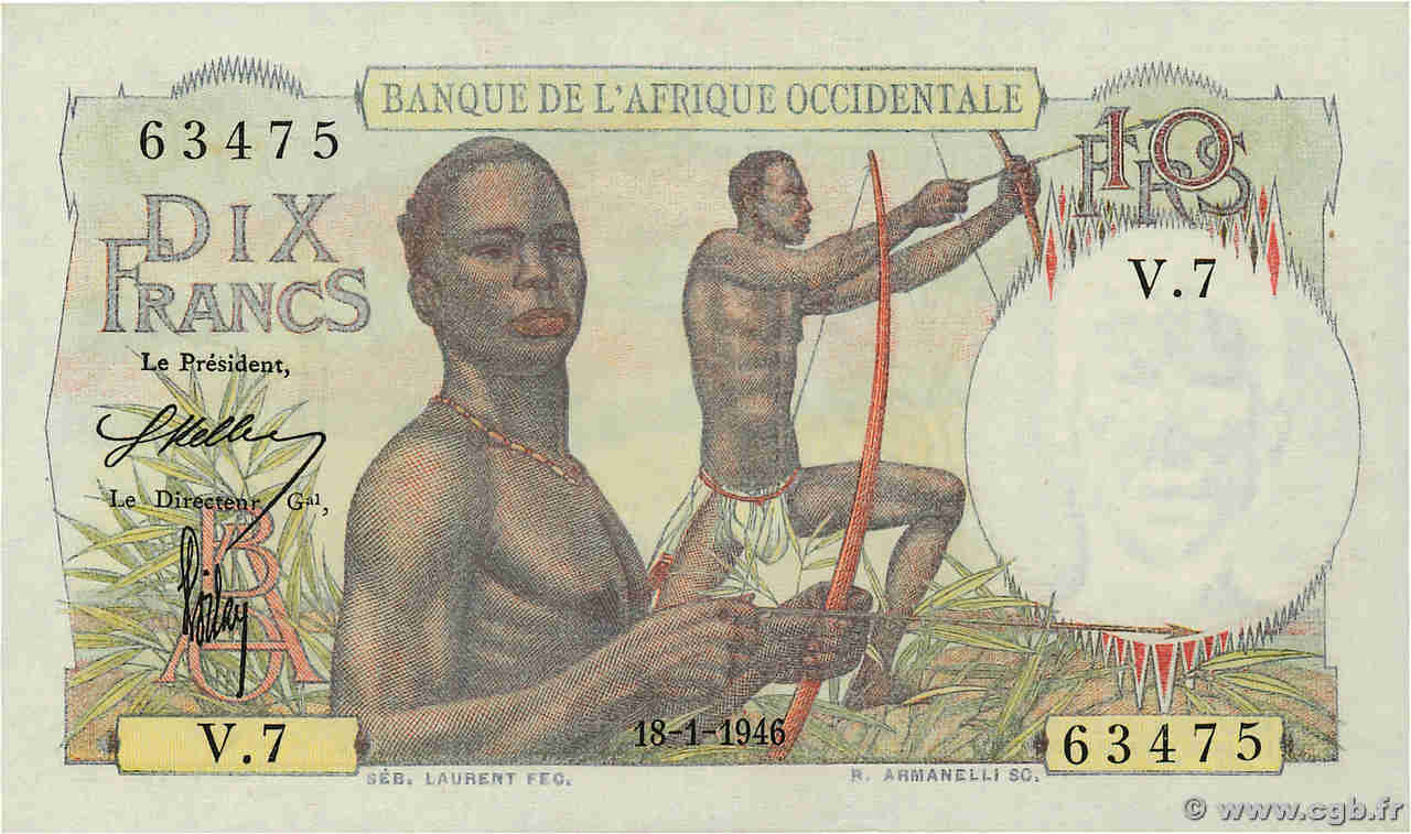 10 Francs FRENCH WEST AFRICA  1946 P.37 SC+