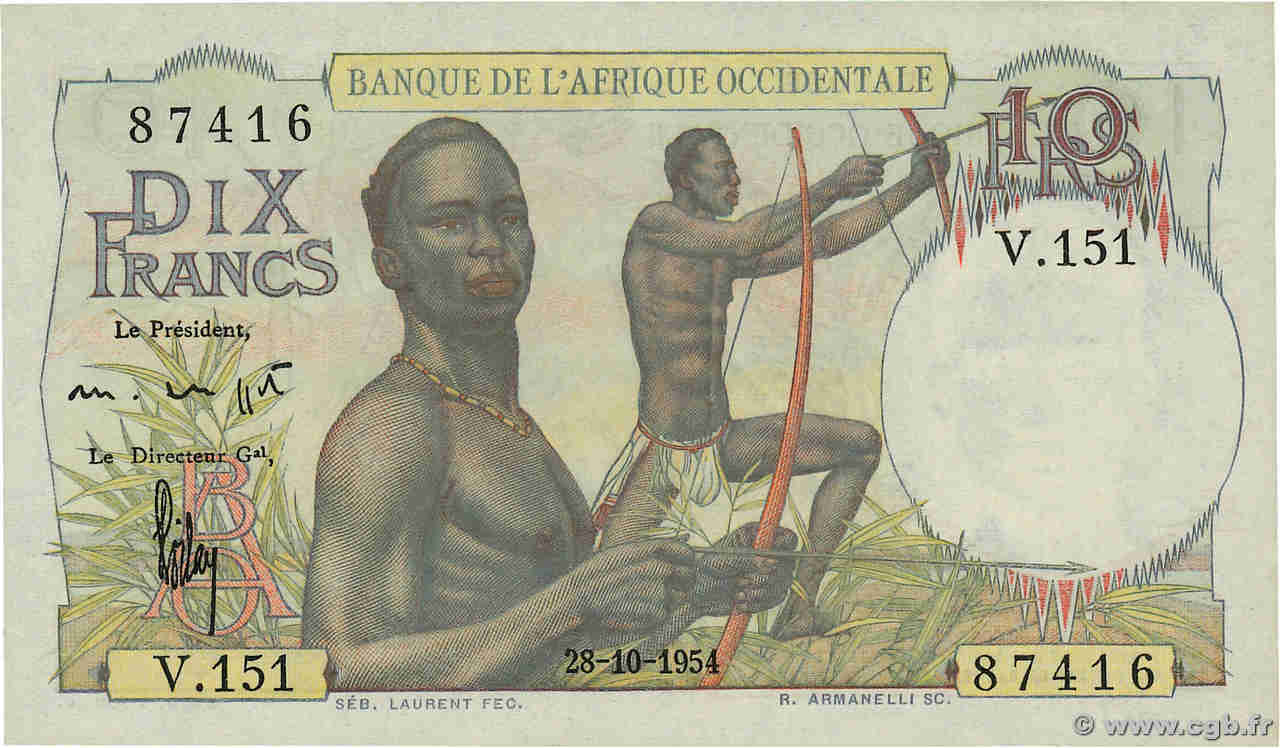 10 Francs FRENCH WEST AFRICA  1954 P.37 AU+