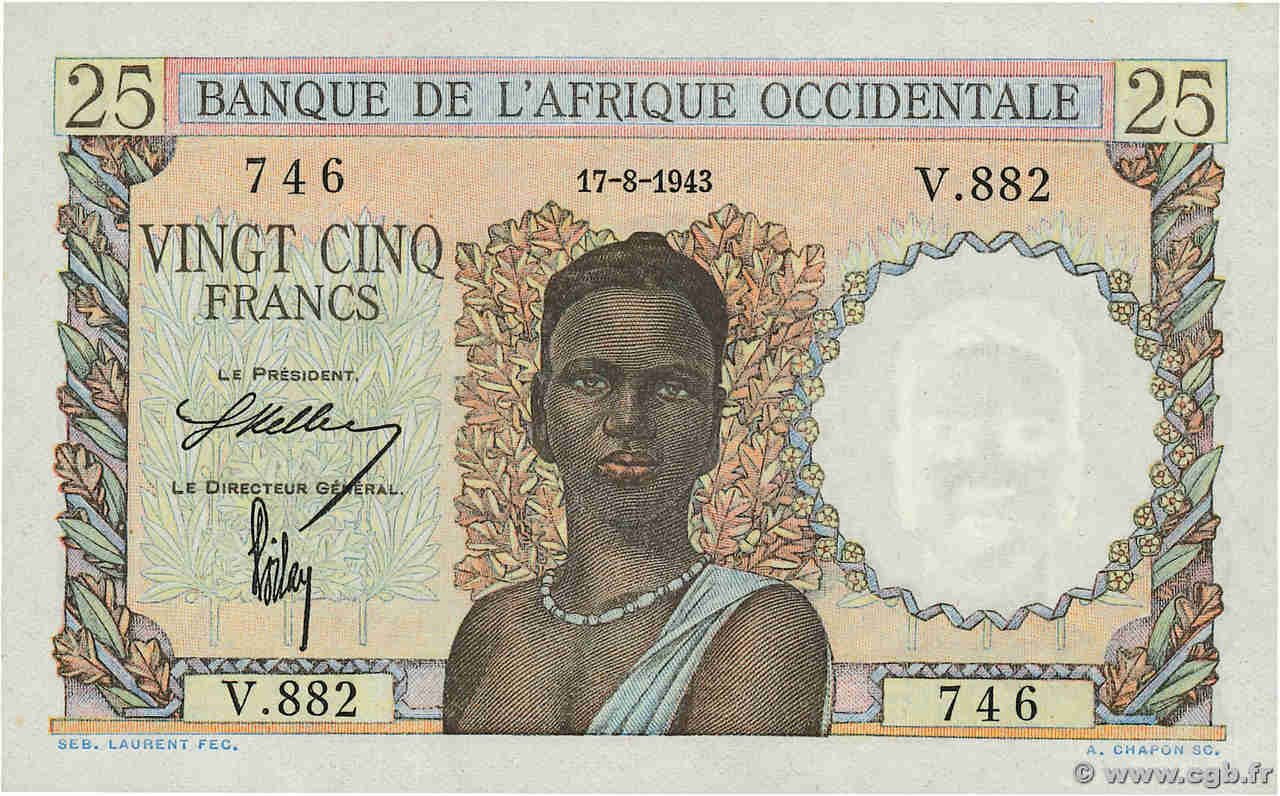 25 Francs FRENCH WEST AFRICA  1943 P.38 UNC