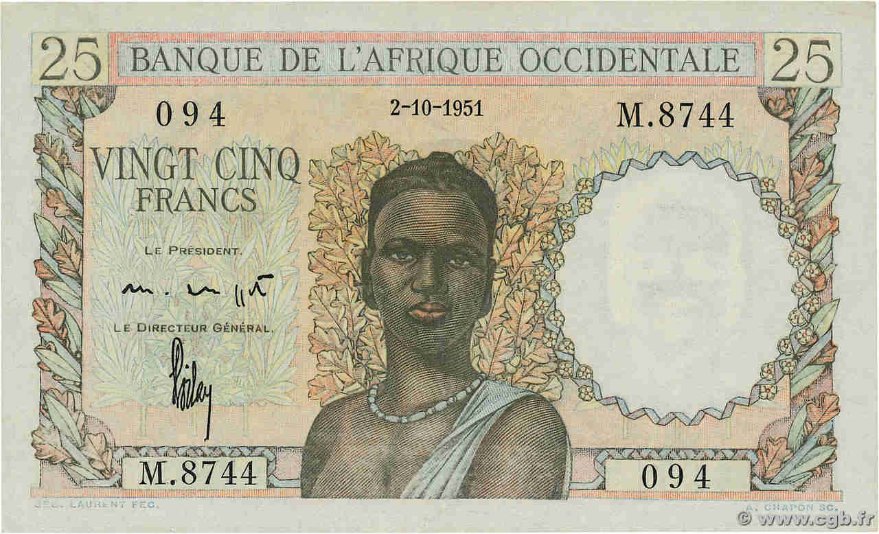 25 Francs FRENCH WEST AFRICA  1951 P.38 XF+