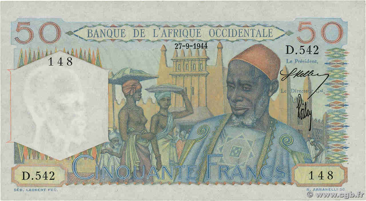 50 Francs FRENCH WEST AFRICA  1944 P.39 UNC-