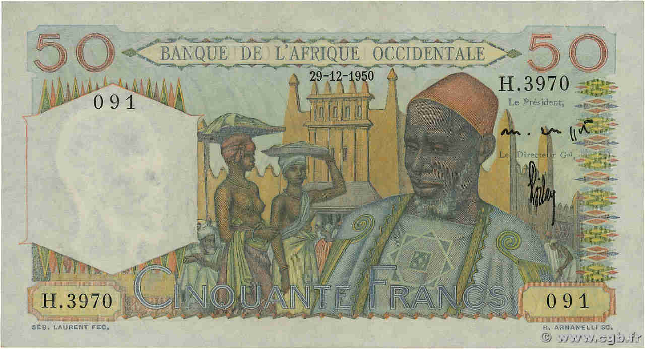 50 Francs FRENCH WEST AFRICA  1950 P.39 UNC-