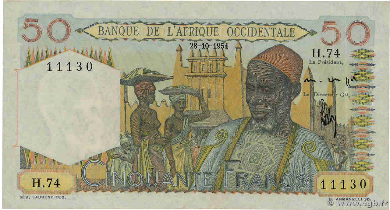 50 Francs FRENCH WEST AFRICA  1954 P.39 XF+