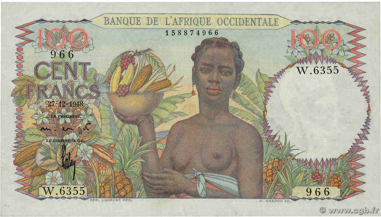 100 Francs FRENCH WEST AFRICA  1948 P.40 XF+