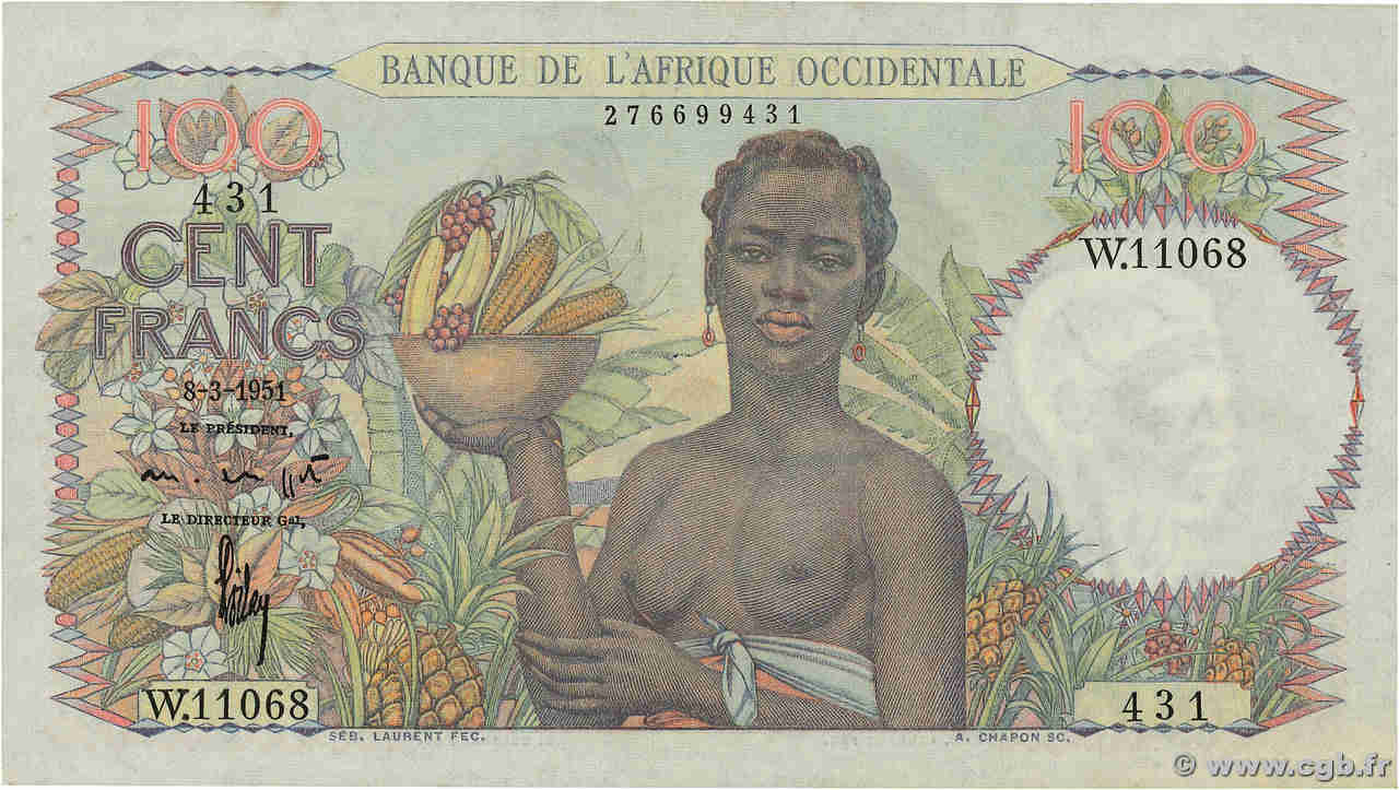 100 Francs FRENCH WEST AFRICA  1951 P.40 XF+