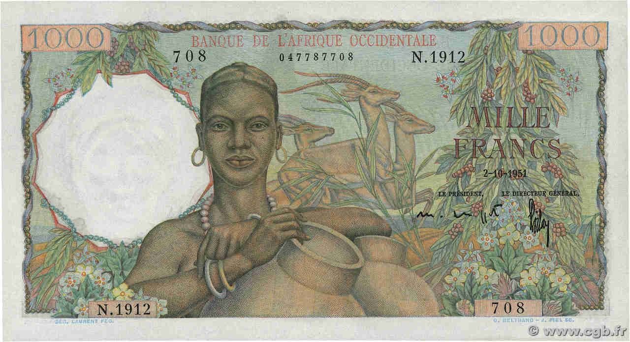 1000 Francs FRENCH WEST AFRICA  1951 P.42 UNC