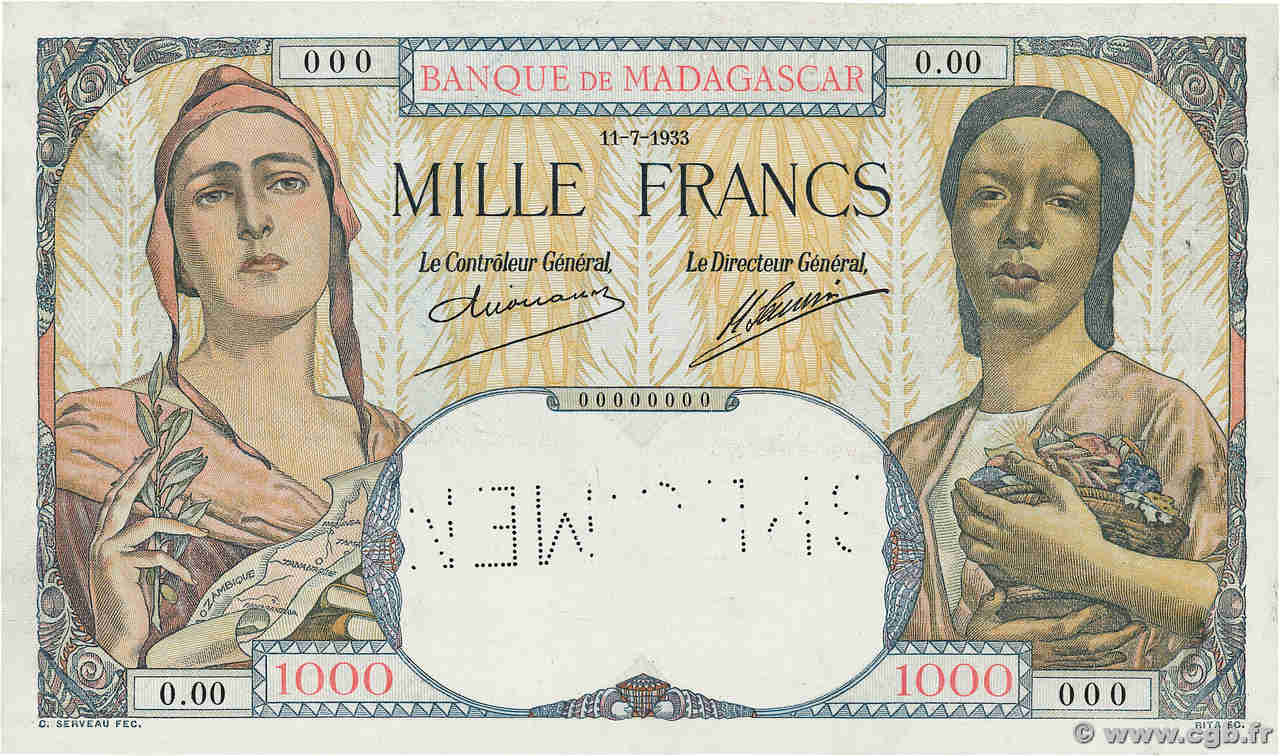 1000 Francs Épreuve MADAGASCAR  1933 P.041s UNC