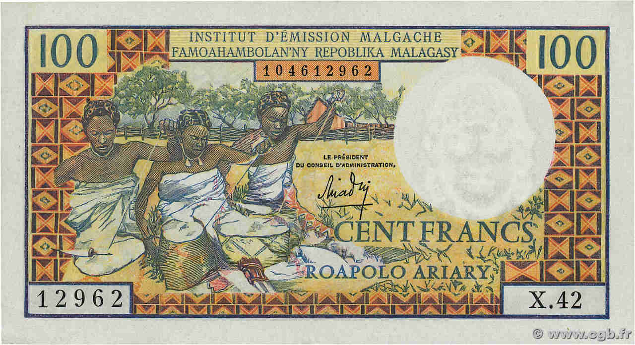 100 Francs - 20 Ariary MADAGASKAR  1966 P.057a VZ