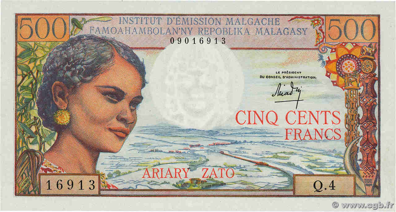 500 Francs - 100 Ariary MADAGASCAR  1966 P.058a FDC