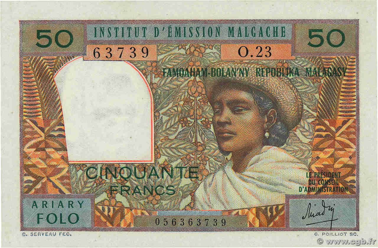 50 Francs - 10 Ariary MADAGASCAR  1969 P.061 UNC