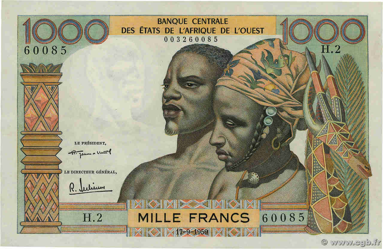 1000 Francs STATI AMERICANI AFRICANI  1959 P.004 AU+