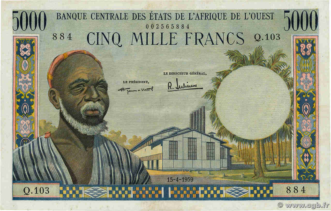 5000 Francs WEST AFRICAN STATES  1959 P.005  XF+