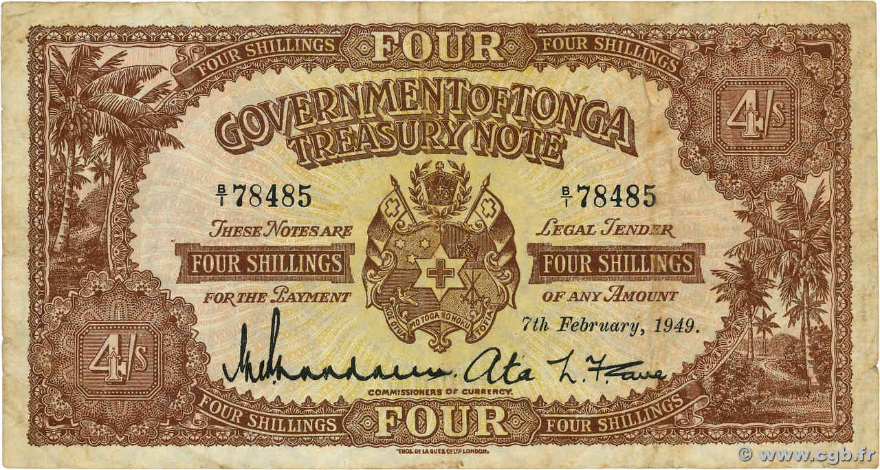 4 Shillings TONGA  1949 P.09b S