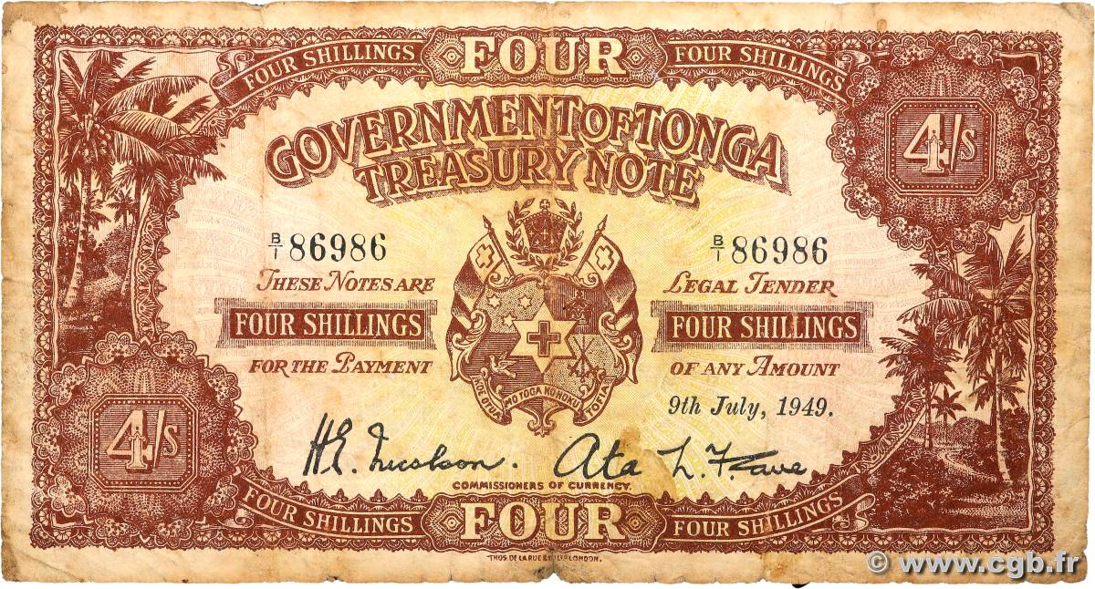 4 Shillings TONGA  1949 P.09b B