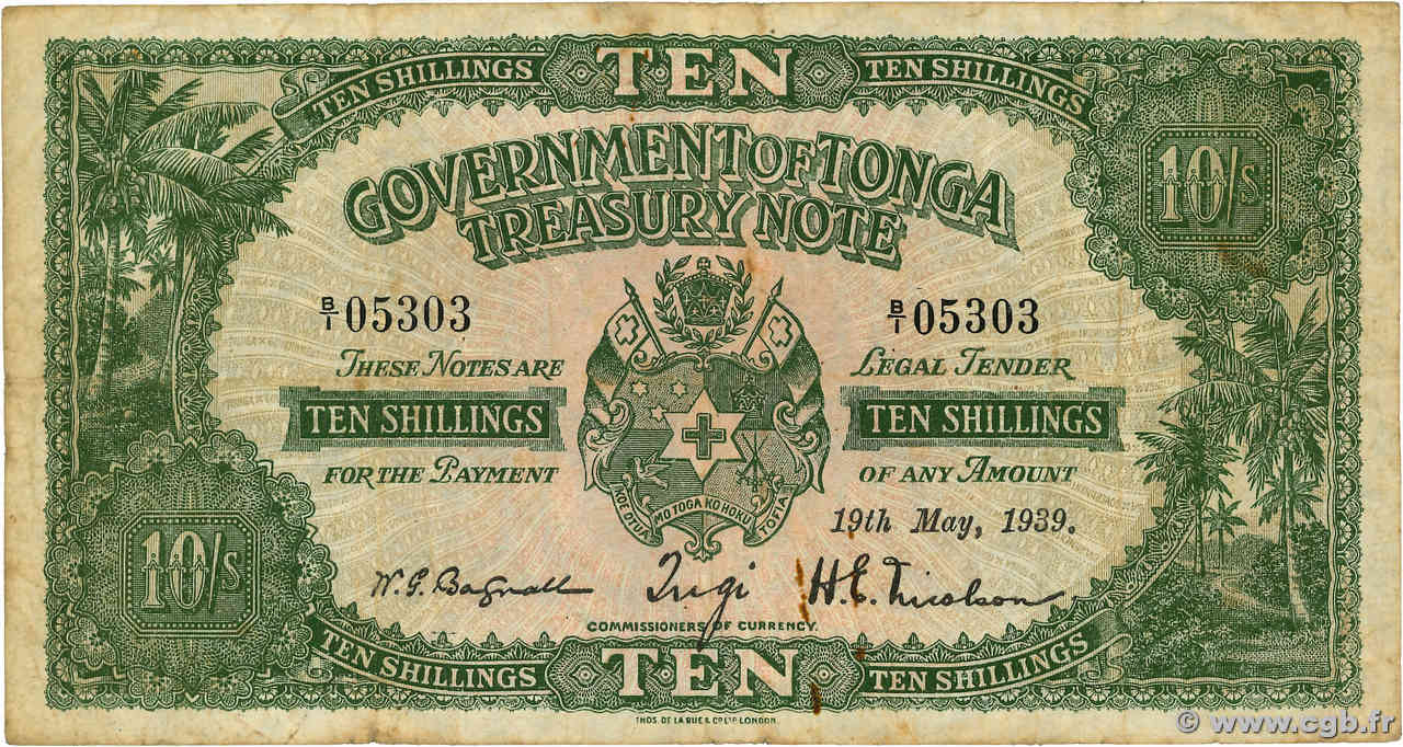 10 Shillings TONGA  1939 P.10a q.MB