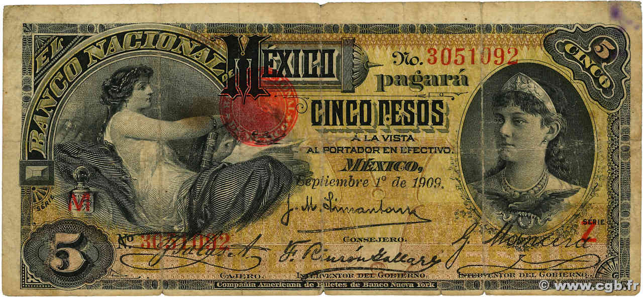 5 Pesos MEXICO  1909 PS.0257c q.MB