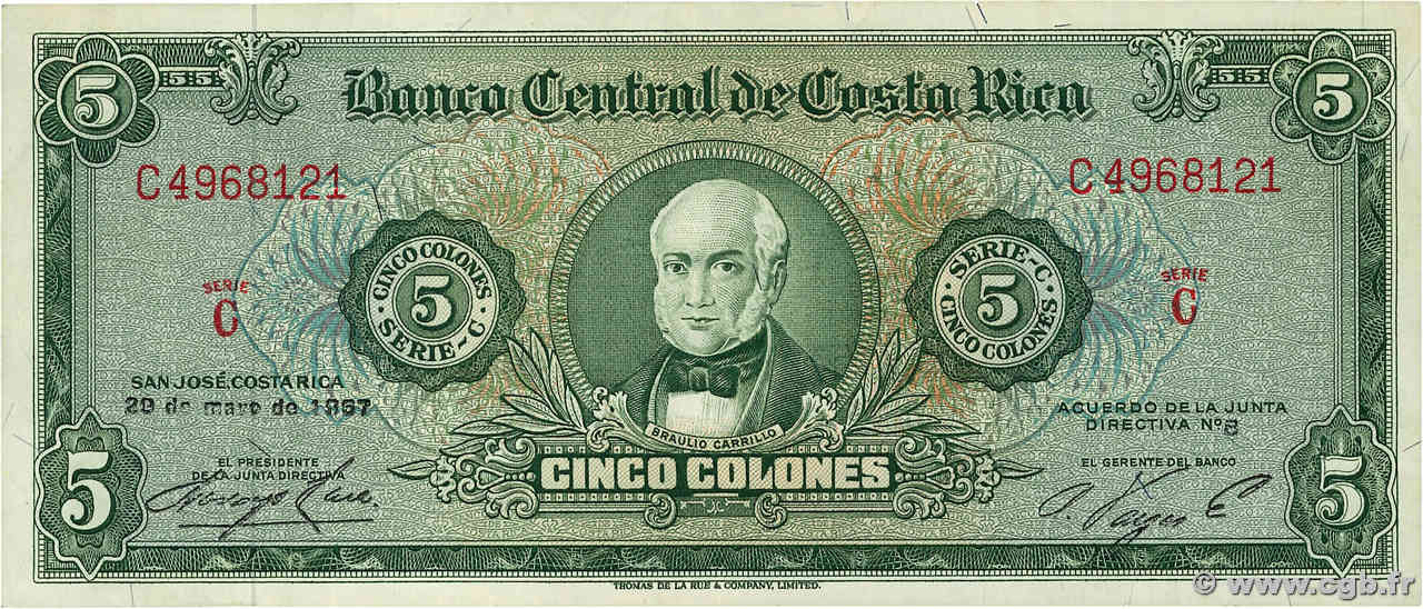 5 Colones COSTA RICA  1967 P.228 TTB+