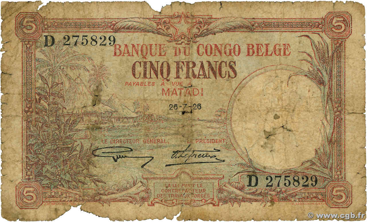 5 Francs BELGA CONGO Stanleyville 1926 P.08d MC