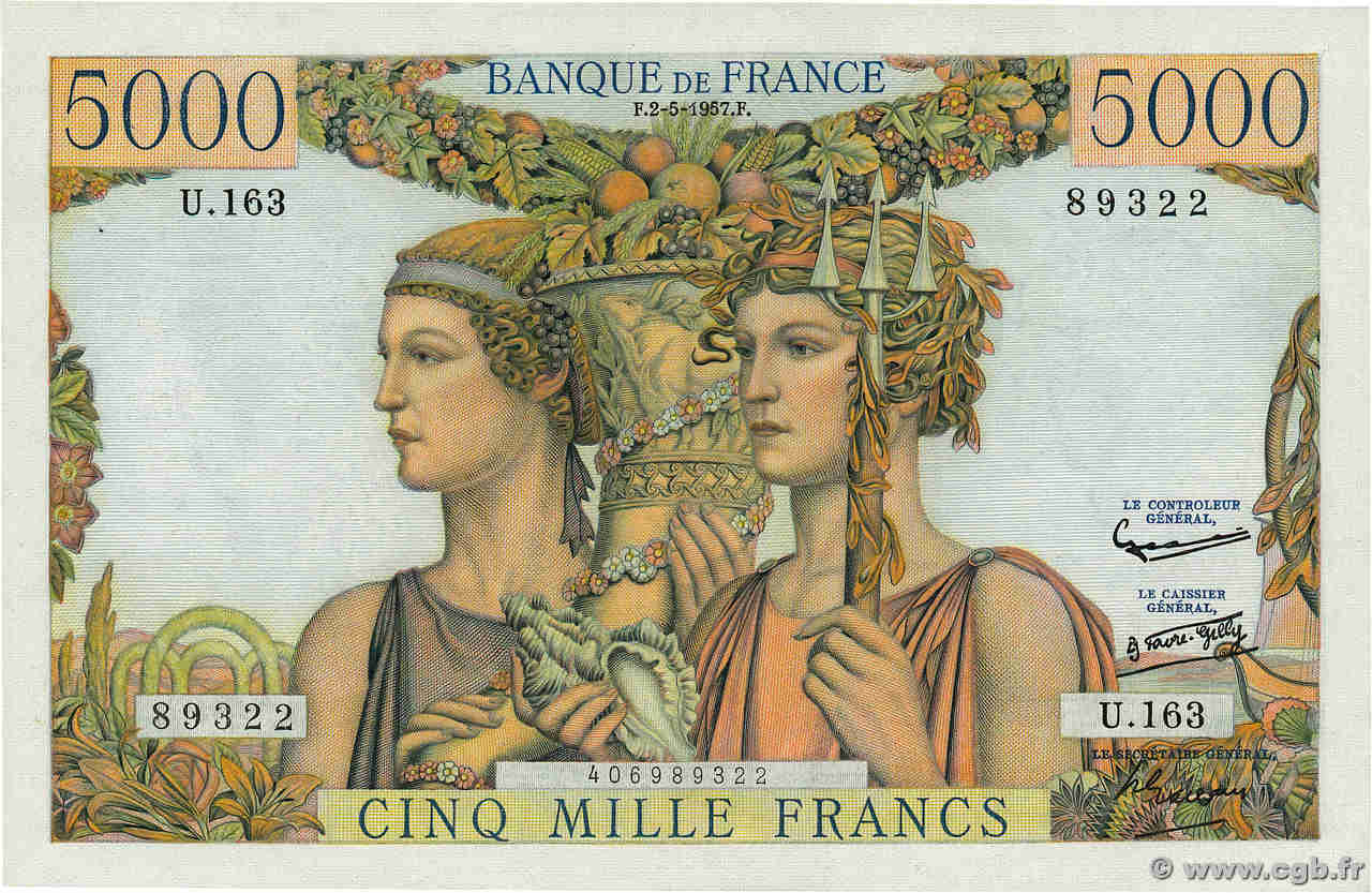 5000 Francs TERRE ET MER FRANCE  1957 F.48.14 AU