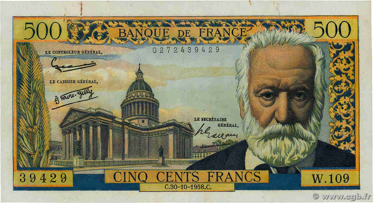 500 Francs VICTOR HUGO FRANCE  1958 F.35.11 SUP