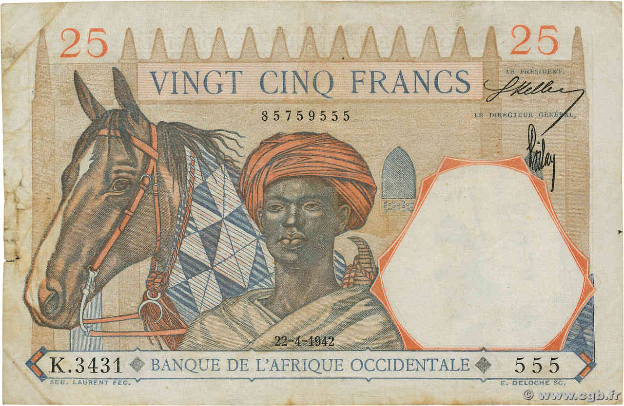 25 Francs FRENCH WEST AFRICA  1942 P.27 SS