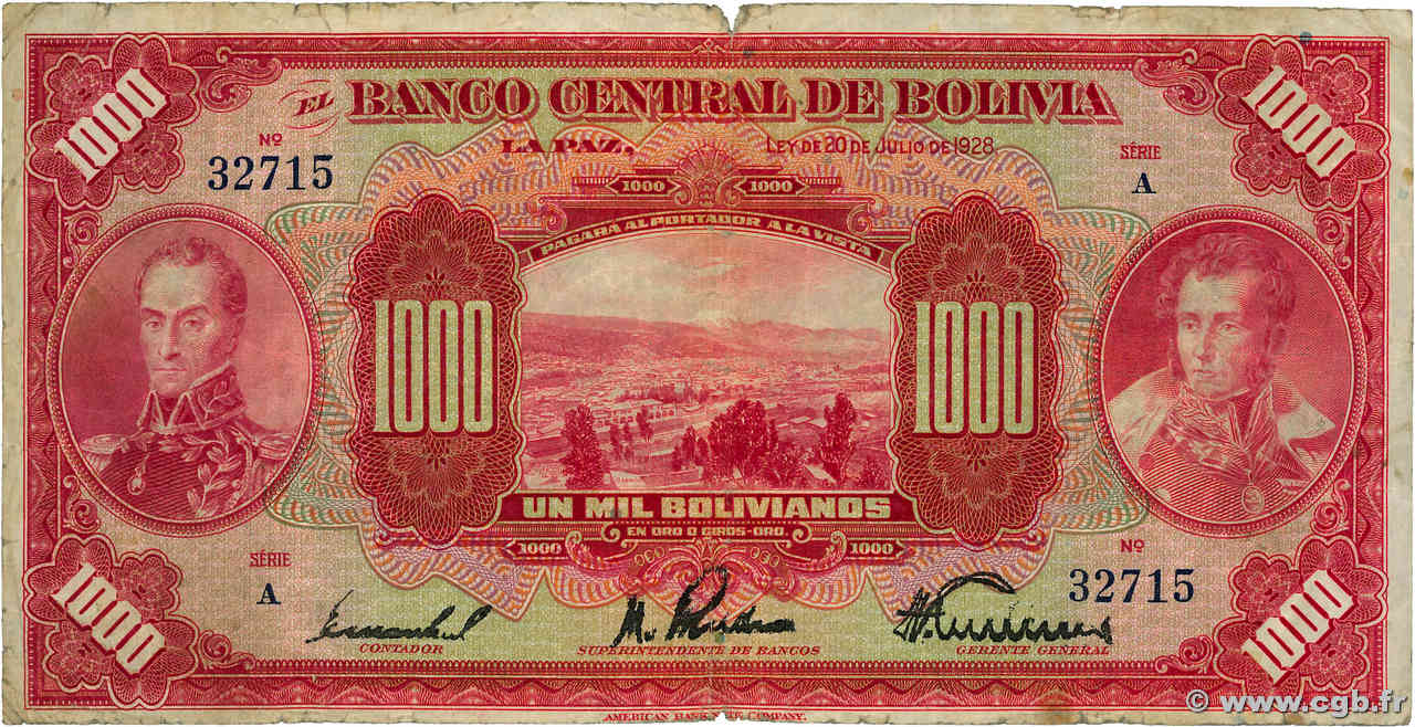 1000 Bolivianos BOLIVIE  1928 P.127b TB