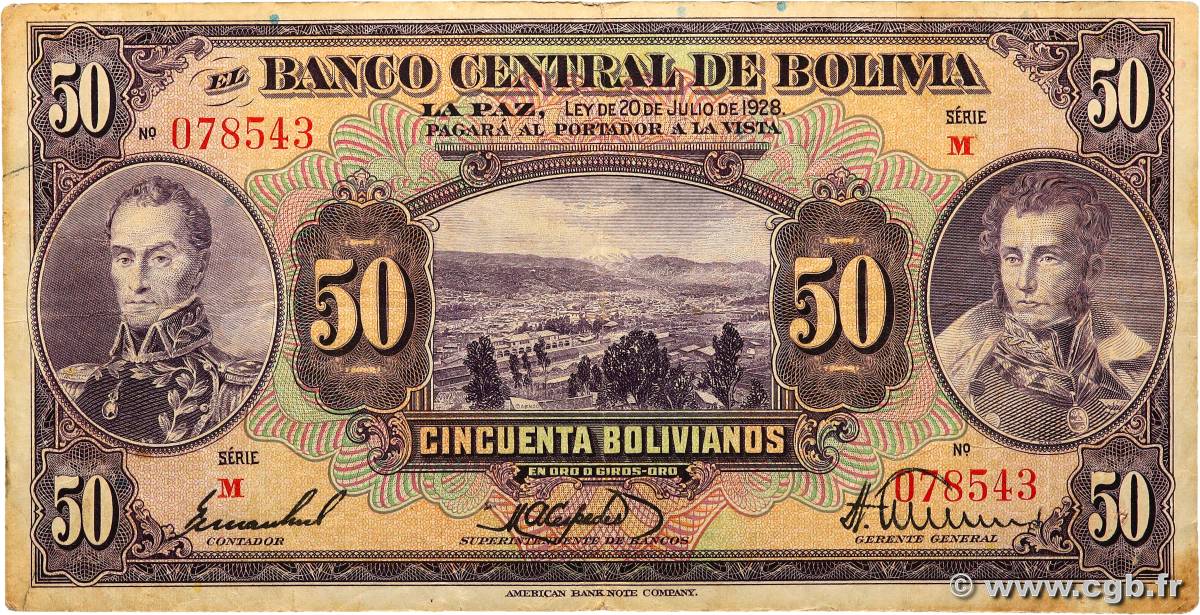 50 Bolivianos BOLIVIA  1928 P.124a VF