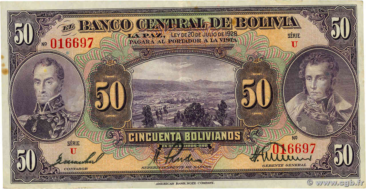 50 Bolivianos BOLIVIA  1928 P.124a XF