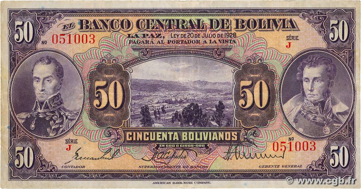 50 Bolivianos BOLIVIA  1928 P.124a VF