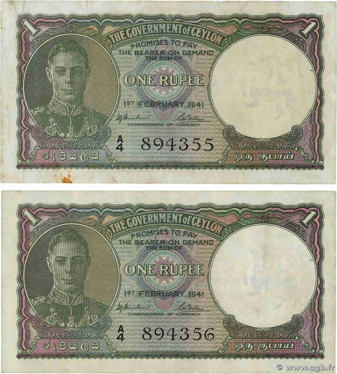 1 Rupee Lot CEILáN  1941 P.030 EBC+