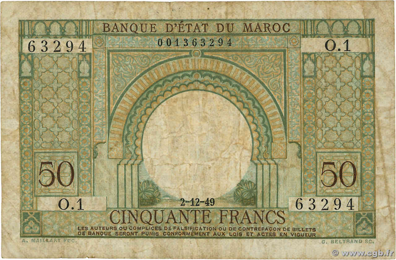 50 Francs MAROC  1949 P.44 TB