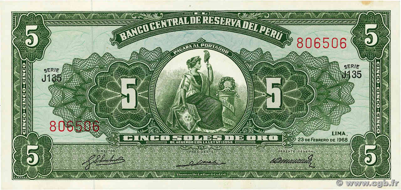 5 Soles de Oro PERU  1968 P.083a UNC-