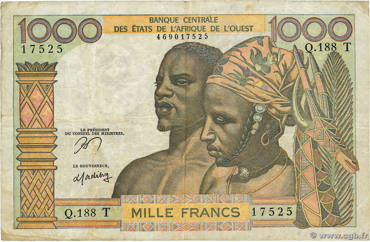 1000 Francs WEST AFRIKANISCHE STAATEN  1977 P.803Tn S