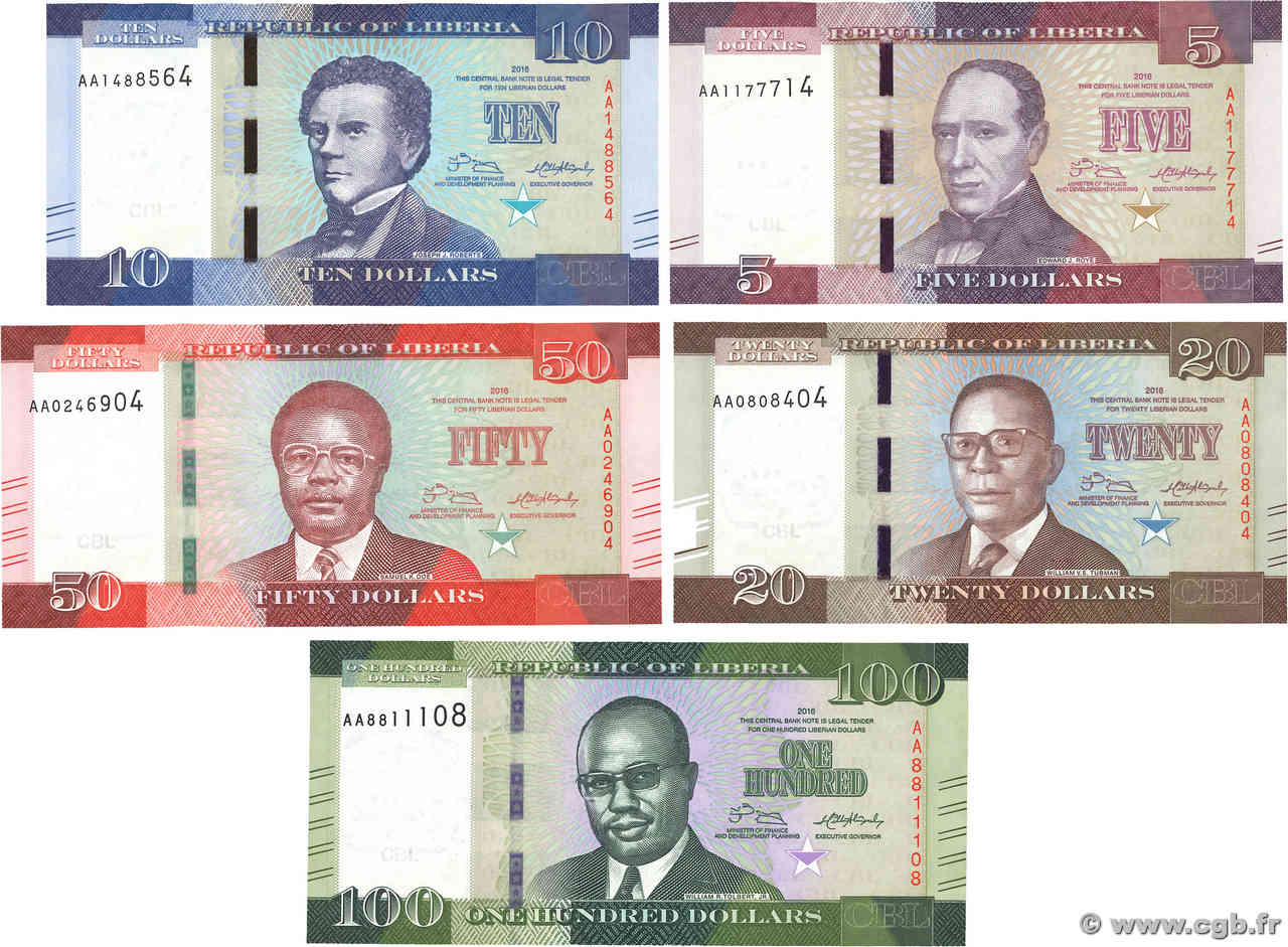 5 au 100 Dollars Lot LIBERIA  2016 P.26 au P.30 NEUF