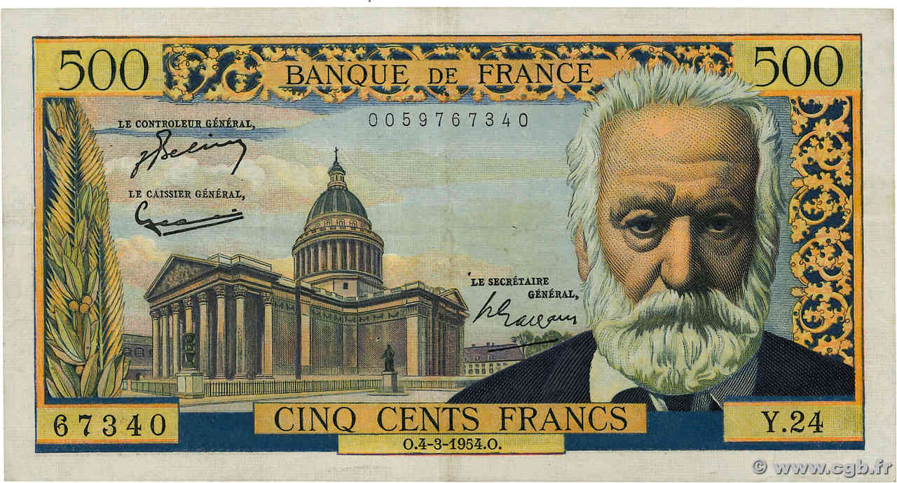 500 Francs VICTOR HUGO FRANCE  1954 F.35.02 F+