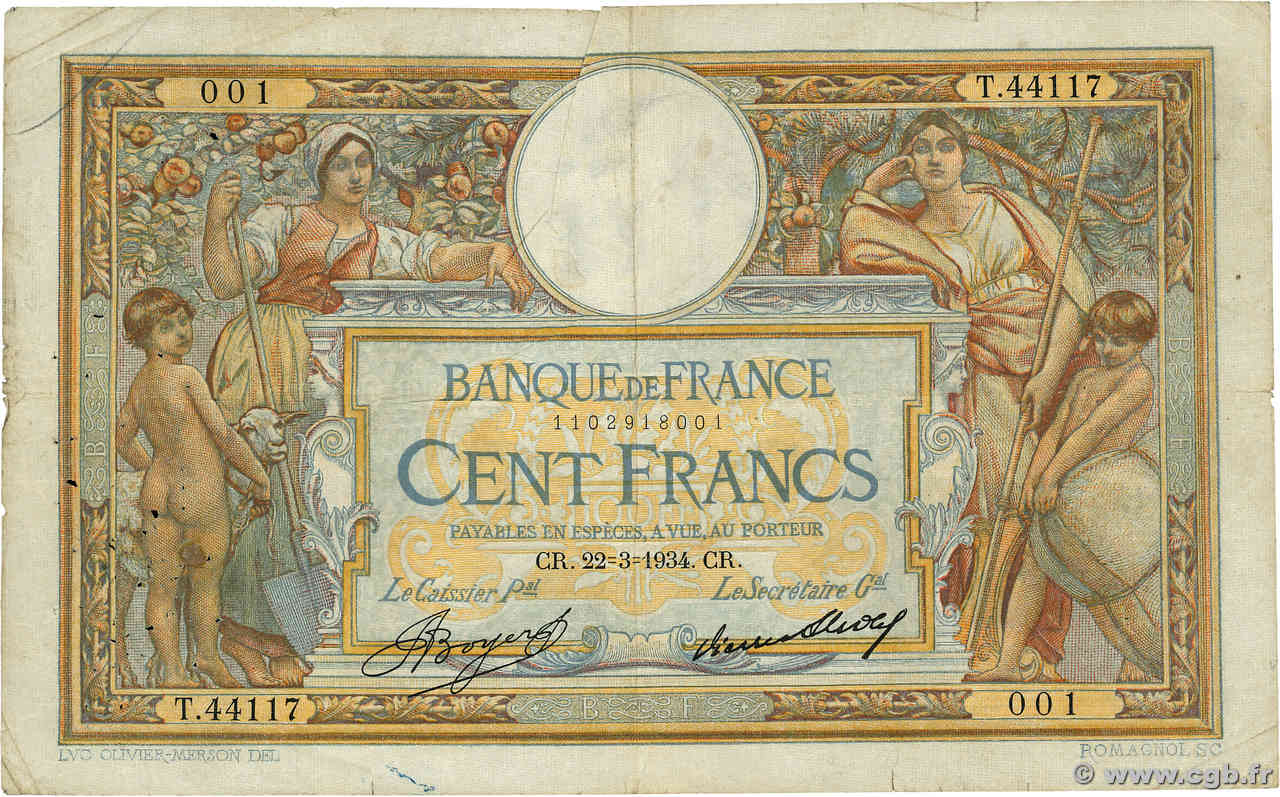 100 Francs LUC OLIVIER MERSON grands cartouches Numéro spécial FRANCIA  1934 F.24.13 MB