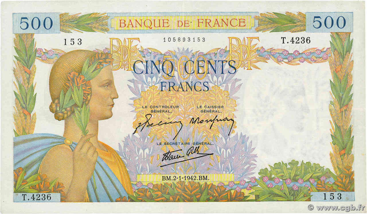 500 Francs LA PAIX FRANCIA  1942 F.32.26 BB