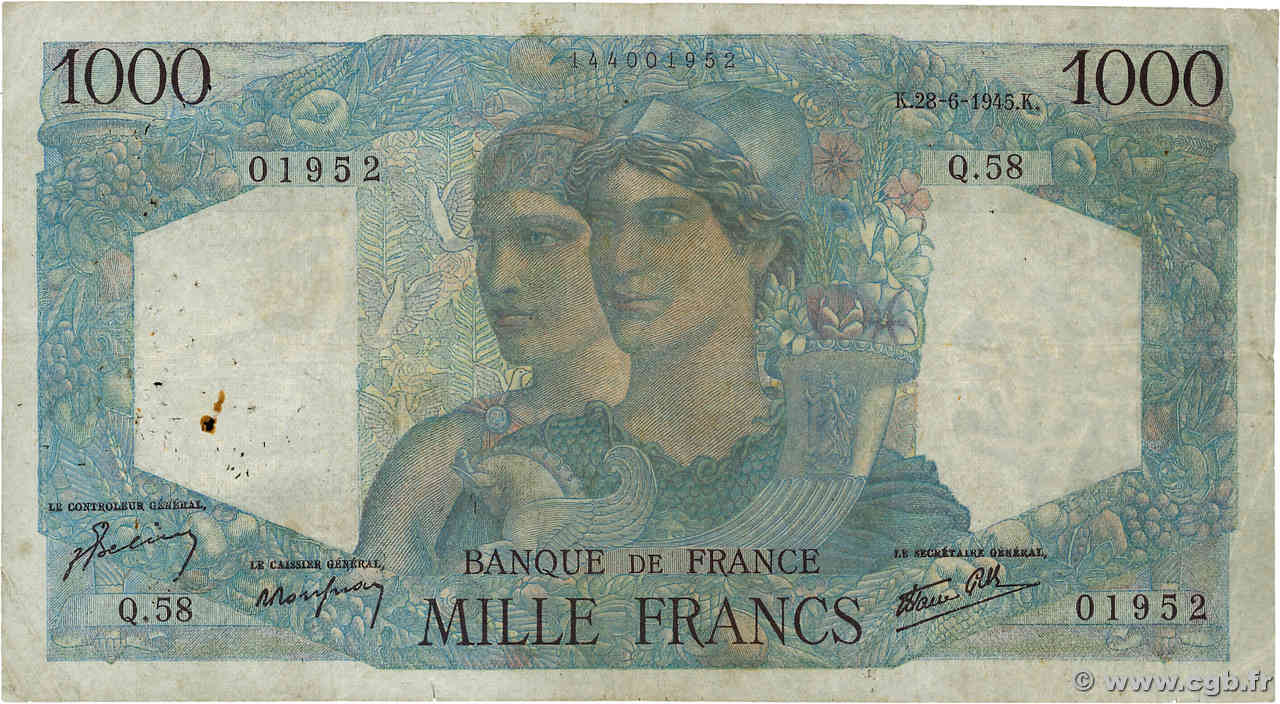 1000 Francs MINERVE ET HERCULE FRANCE  1945 F.41.05 TB