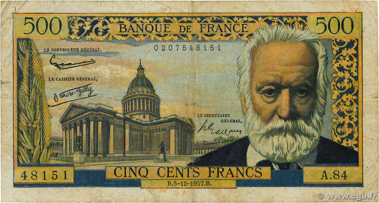 500 Francs VICTOR HUGO FRANKREICH  1957 F.35.07 fS