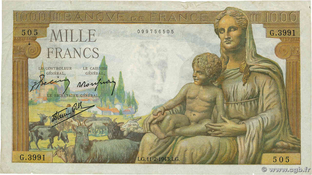 1000 Francs DÉESSE DÉMÉTER FRANKREICH  1943 F.40.18 fS