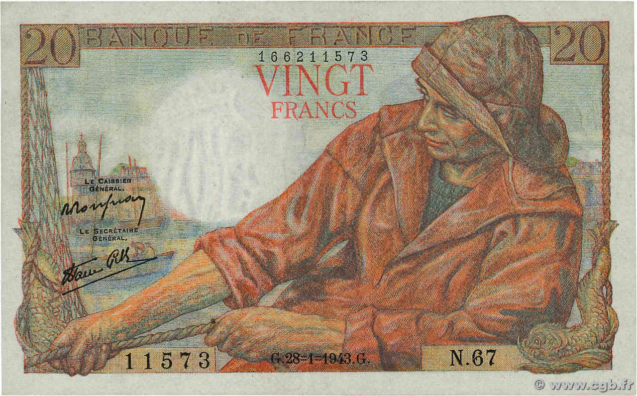 20 Francs PÊCHEUR FRANCIA  1943 F.13.05 MBC