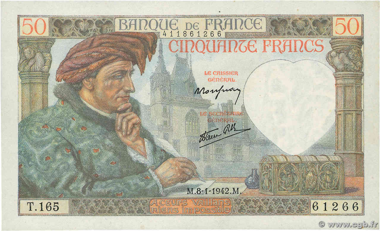 50 Francs JACQUES CŒUR FRANKREICH  1942 F.19.18 fVZ