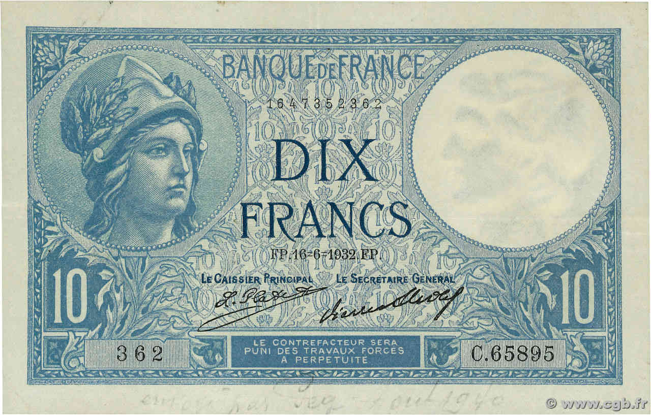 10 Francs MINERVE FRANCE  1932 F.06.16 TTB