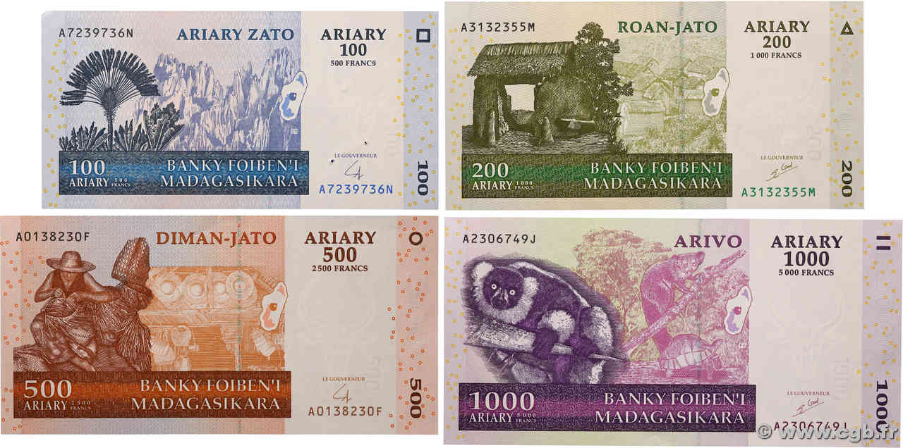 500 Francs - 100 Ariary au 5000 Francs - 1000 Ariary Lot MADAGASKAR  2004 P.086b, P.087a, P.088b et P.089a VZ