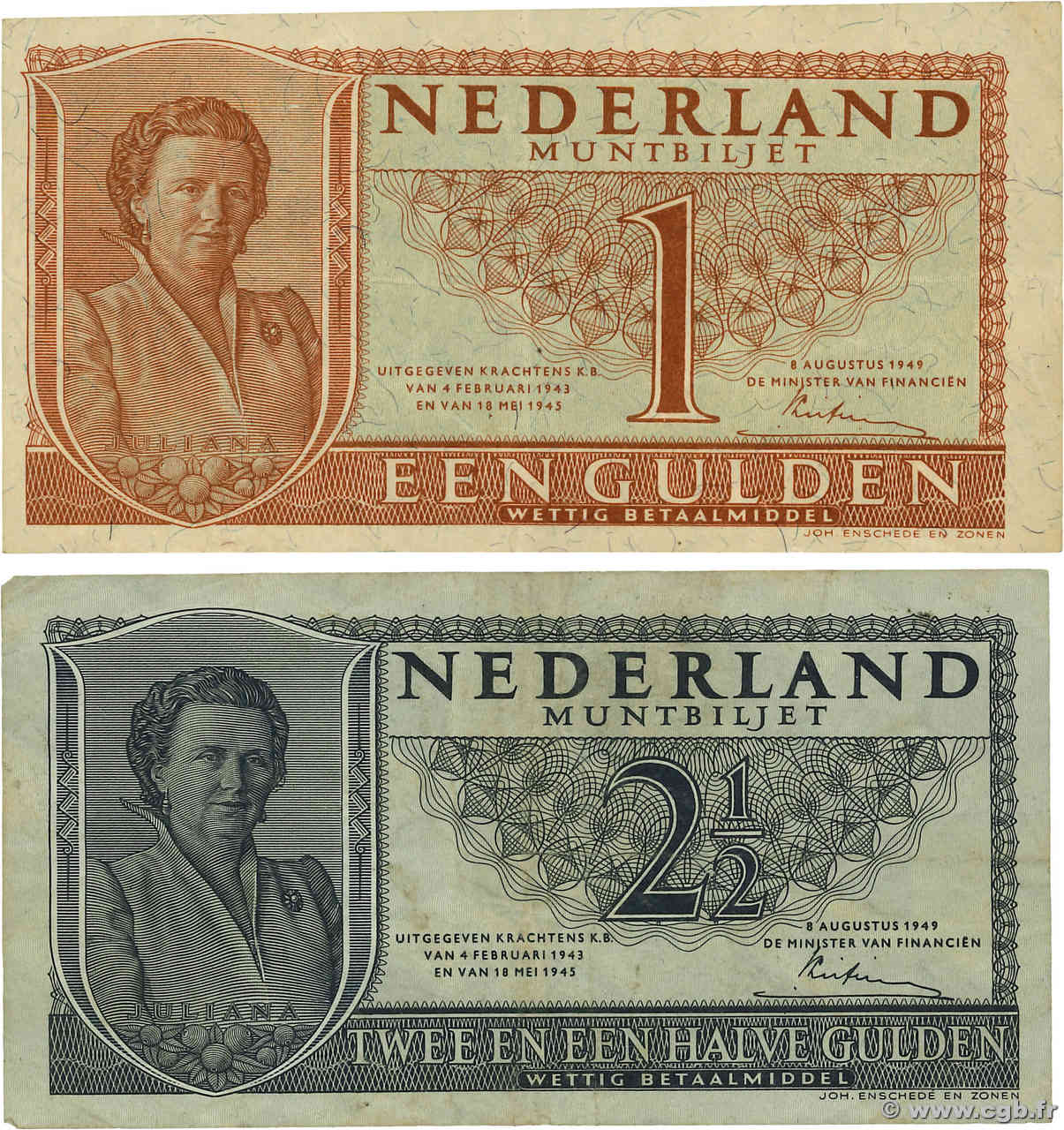 1 et 2,5 Gulden Lot PAYS-BAS  1949 P.072 et P.073 TTB