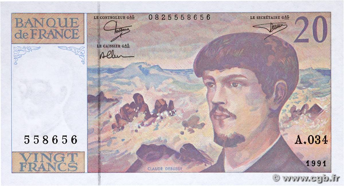 20 Francs DEBUSSY à fil de sécurité FRANCIA  1991 F.66bis.02A34 FDC