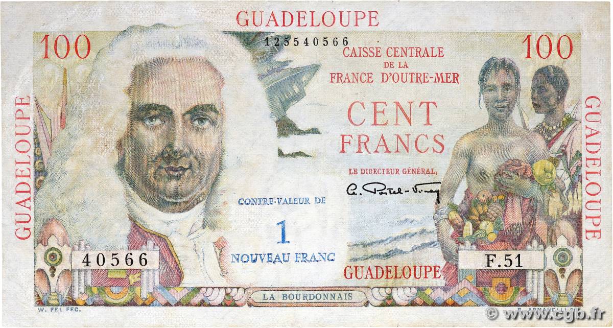 1 NF sur 100 Francs La Bourdonnais GUADELOUPE  1960 P.41 SS