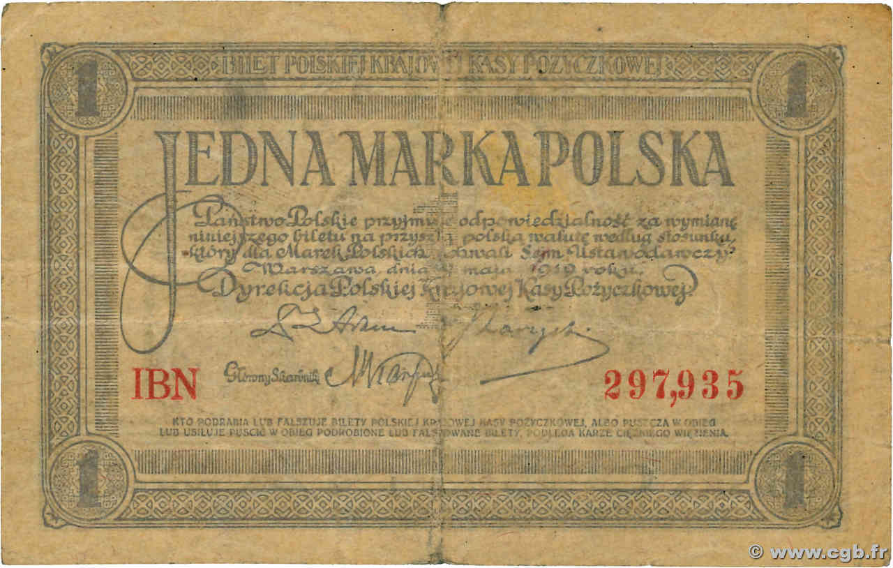 1 Marka POLOGNE  1919 P.019 pr.TTB